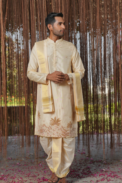 Vruksha Kanjivaram — Cream Pink Hand Embroidered Kanjivaram Pattu Silk Kurta Set