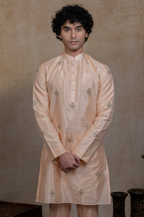 Ananta — Peach Hand Embroidered Semi Pattu Silk Kurta