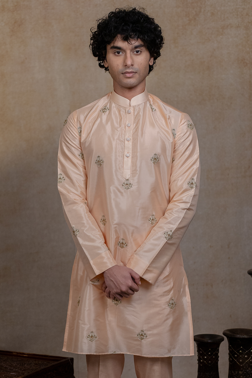 Ananta — Peach Hand Embroidered Semi Pattu Silk Kurta