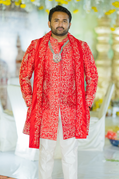 Royal Vermilion — Vermilion Hand Embroidered Dupion Silk Sherwani