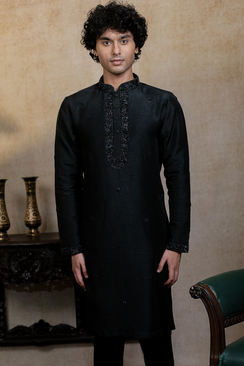 Kajal Phool — Black Floral Embroidered Falling Raw Silk Kurta