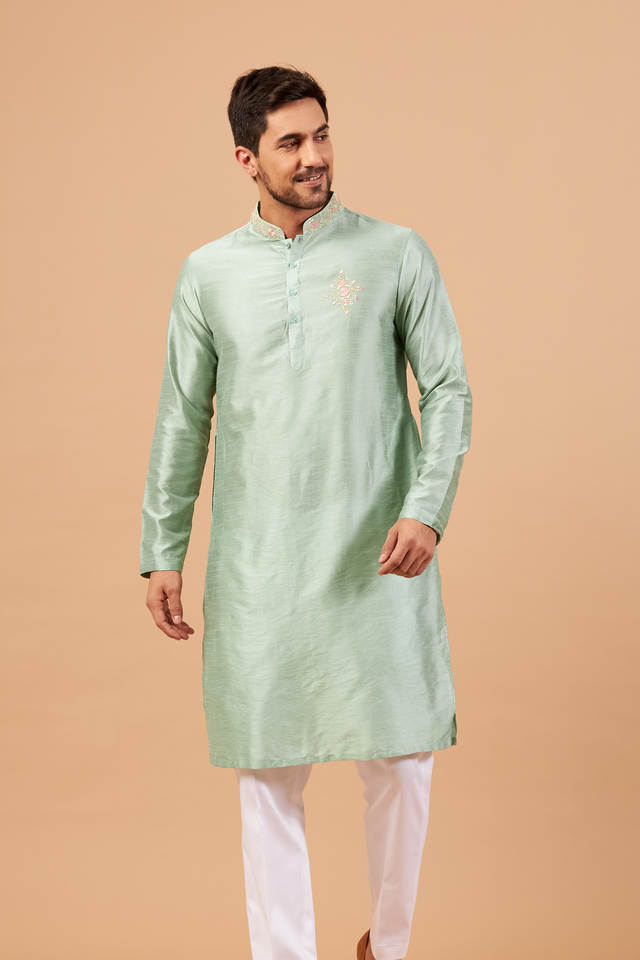 Amil — Pastel Green Embroidered Falling Raw Silk Kurta
