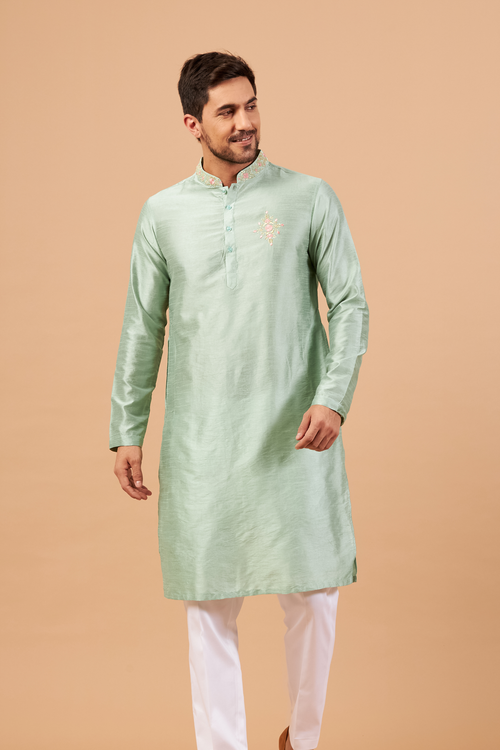 Amil — Pastel Green Embroidered Falling Raw Silk Kurta