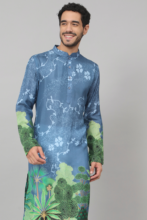 Vriksh — Blue Tree Bark Print Silk Kurta