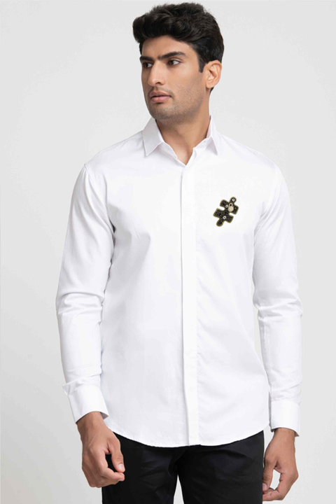 Riddle — White Hand Embroidered Giza Cotton Shirt