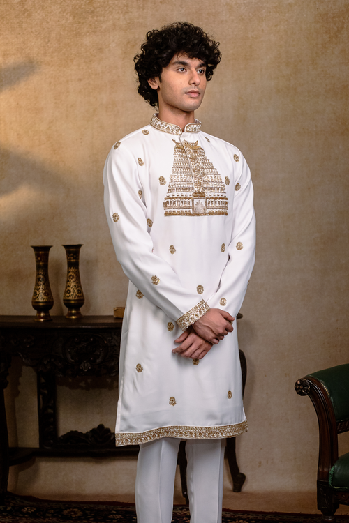 Devalaya — Ivory Hand Embroidered Cotton Blend Kurta