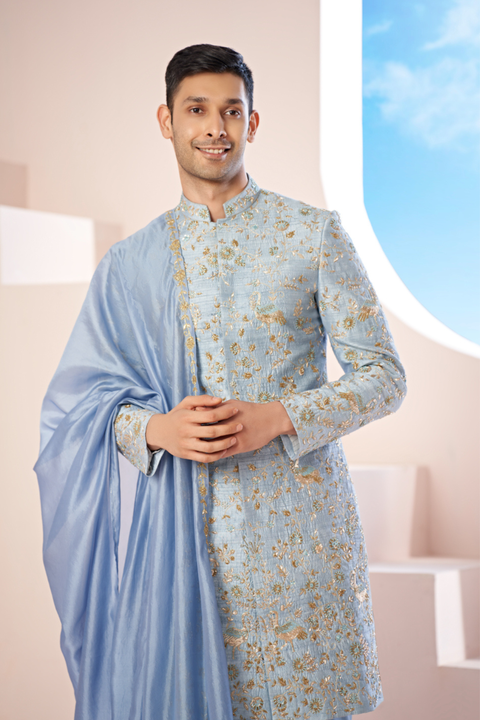 Luxavia — Blue Hand Embroidered Raw Silk Sherwani