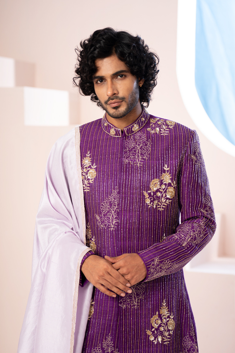 Majestique — Purple Hand Embroidered Raw Silk Sherwani