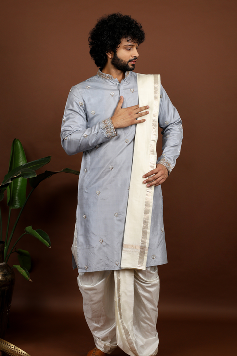 Gracia — Grey & Cream Hand Embroidered Kanjivaram Pattu Kurta Set