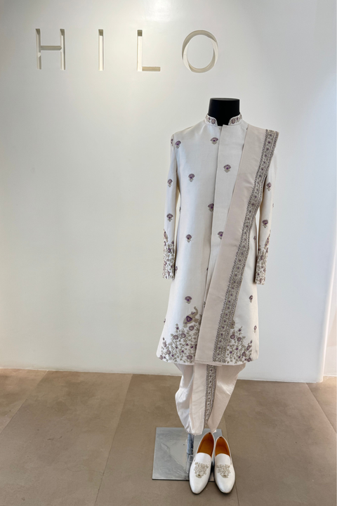 Crudo — Ivory Hand Embroidered Dupion Silk Sherwani Set