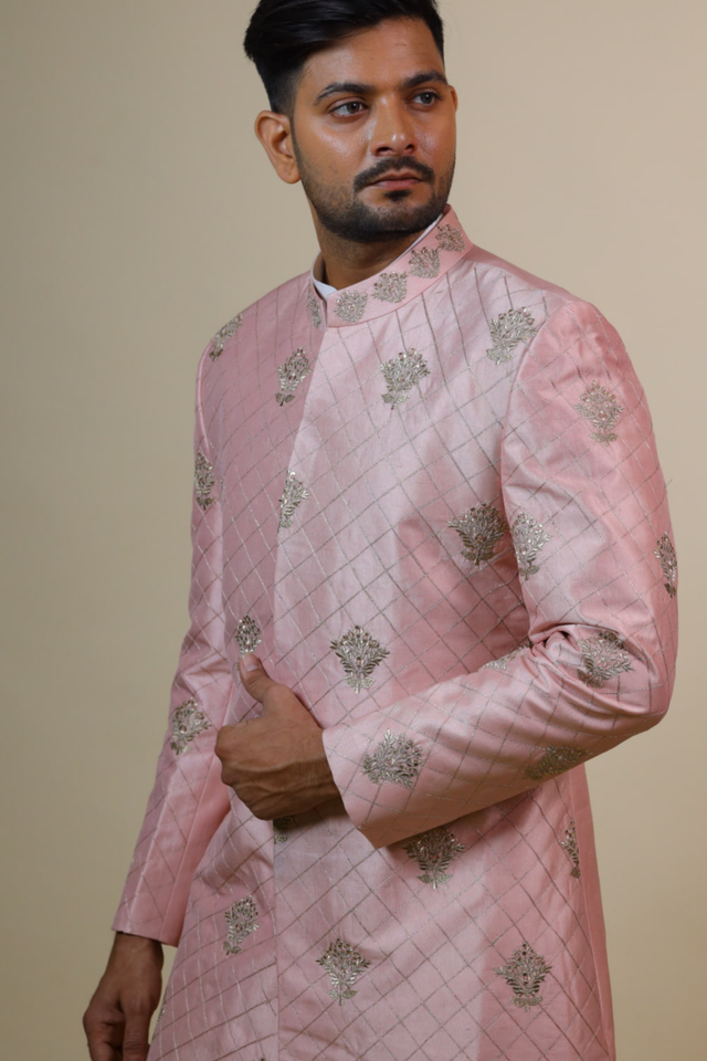 Light Coral — Coral Hand Embroidered Raw Silk Sherwani