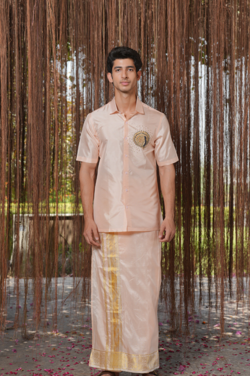 Mayura Kanjivaram — Light Pink Peacock Hand Embroidered Kanjivaram Pattu Silk Shirt & Lungi Set