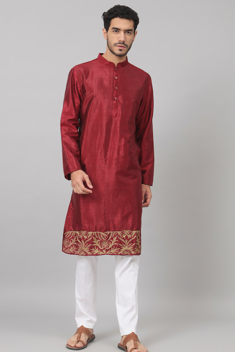 Rubyino — Maroon Embroidered Semi Raw Silk Kurta