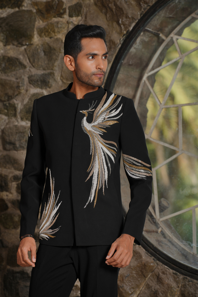 Skyflare — Black Metallic Peacock Embroidered British Suede Suiting Bandhgala