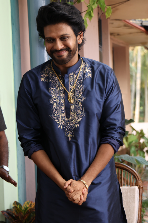 Navy Noor — Navy Hand Embroidered Dupion Silk Kurta Set
