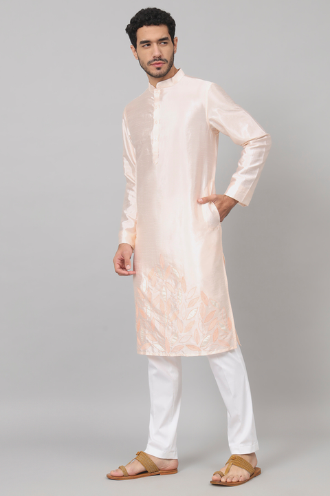 Abrikos — Peach Embroidered Semi Raw Silk Kurta
