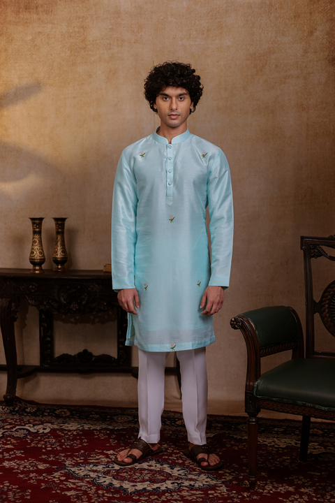 Vrindavan Lotus — Sage Green Hand Embroidered Falling Raw Silk Kurta