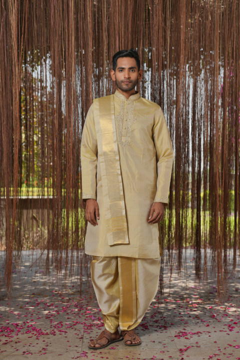 Sharvariya Kanjivaram — Olive Thread Embroidered Kanjivaram Pattu Silk Kurta Set