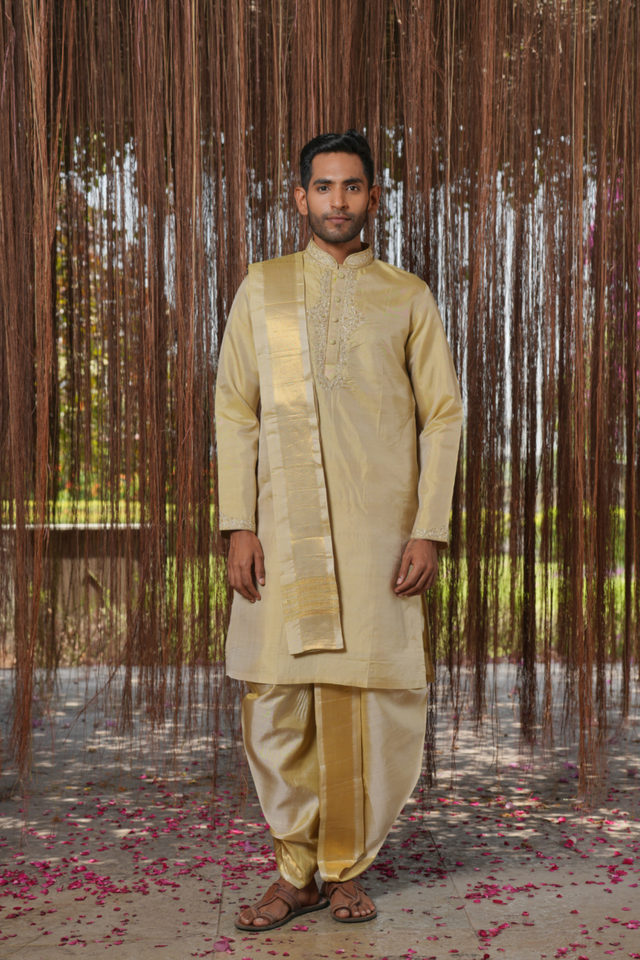 Sharvariya Kanjivaram — Olive Thread Embroidered Kanjivaram Pattu Silk Kurta Set