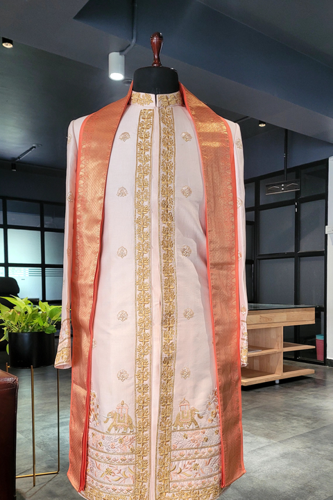 Serenity — Peach Hand Embroidered Raw Silk Sherwani