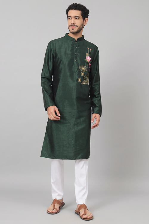 Green embroidered semi-raw silk kurta with branch motifs — Varen by HILO DESIGN