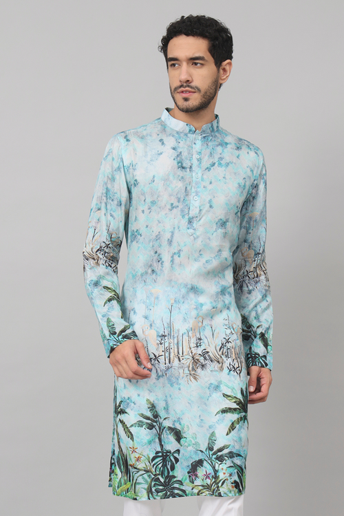 Sepia — Blue Palm Tree Print Silk Kurta