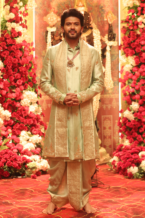 Sage — Sage Green Hand Embroidered Chiniya Pattu Sherwani Set