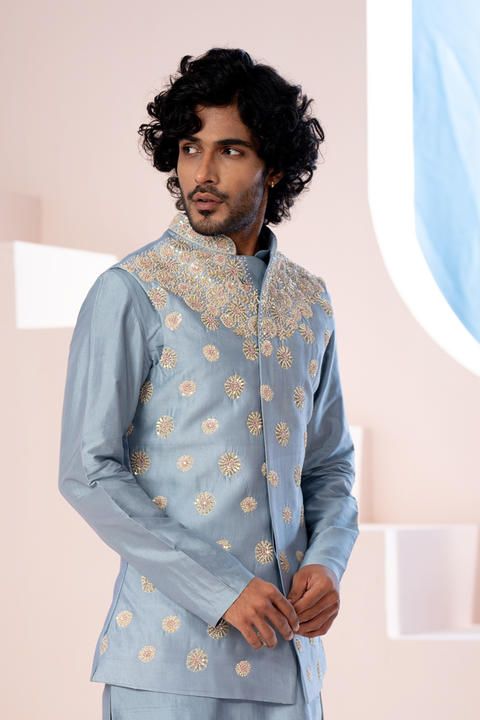 Claro — Powder Blue Nature Printed Dupion Silk Nehru Jacket Set