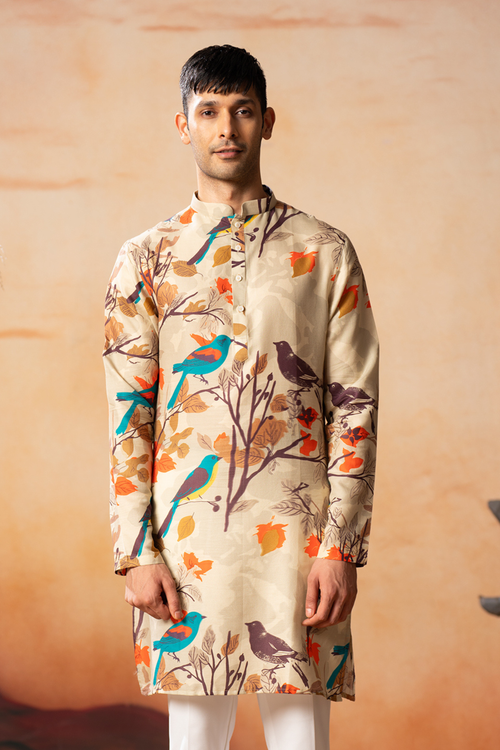 Serene — Cream Bird Print Cotton Kurta