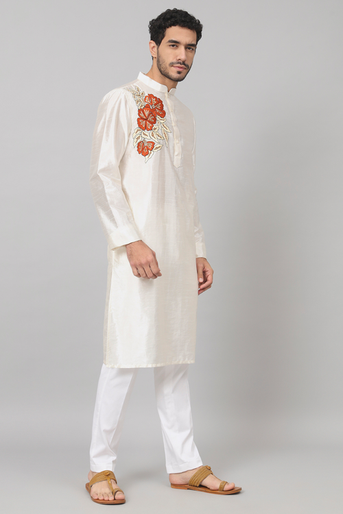 Beju — Off White Embroidered Semi Raw Silk Kurta