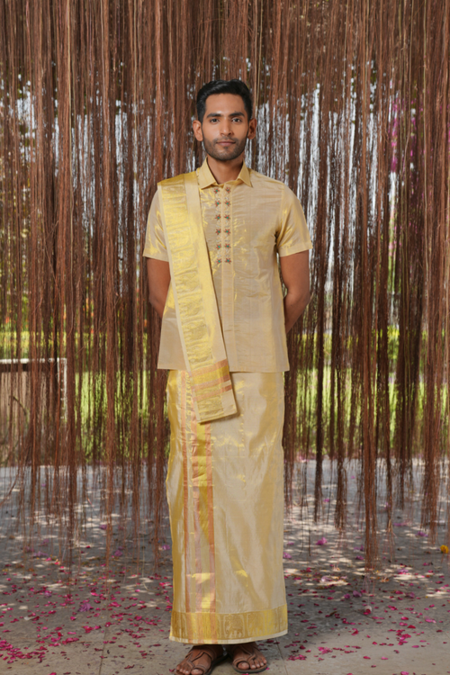 Raziya Kanjivaram — Gold Thread Embroidered Kanjivaram Pattu Silk Kurta & Lungi Set