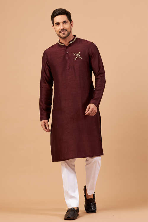 Adira — Maroon Zari Embroidered Falling Raw Silk Kurta
