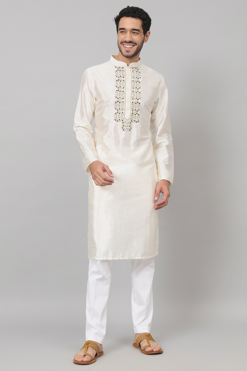 Off white embroidered semi-raw silk kurta with multicolor neckline — Rein by HILO DESIGN
