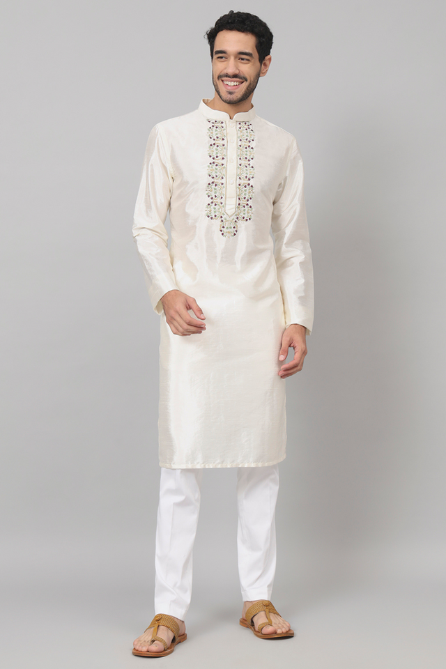 Off white embroidered semi-raw silk kurta with multicolor neckline — Rein by HILO DESIGN