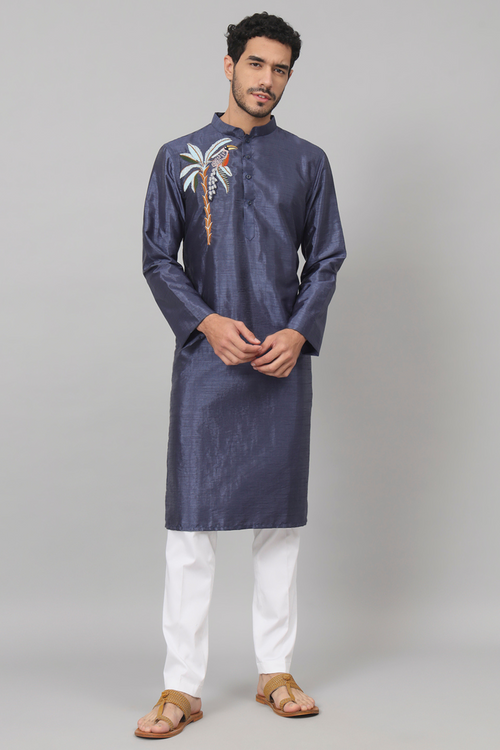 Blue embroidered semi-raw silk kurta with lotus pond motif — Sapp by HILO DESIGN