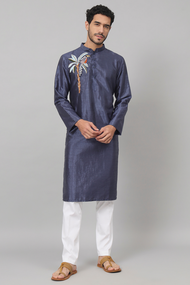 Blue embroidered semi-raw silk kurta with lotus pond motif — Sapp by HILO DESIGN