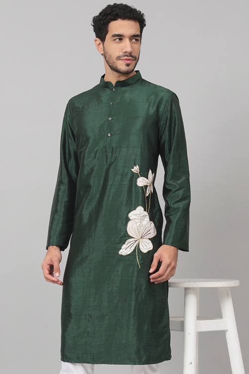 Wijze — Green Embroidered Semi Raw Silk Kurta
