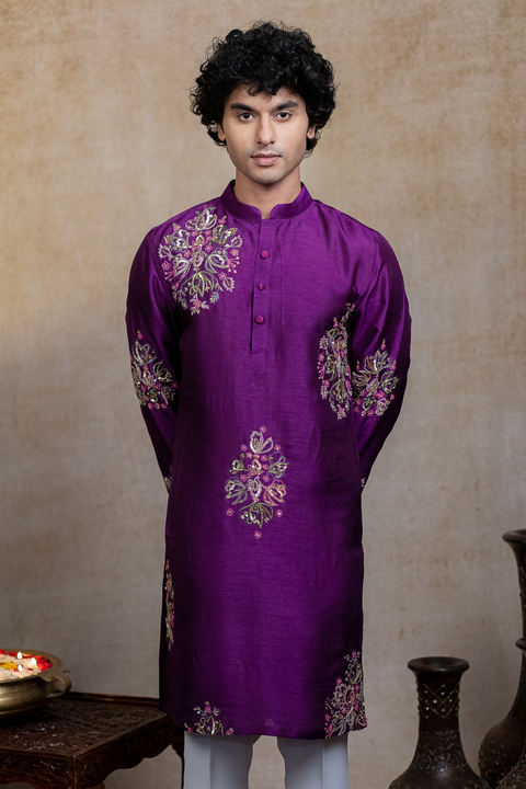 Mayura Cham — Purple Peacock Embroidered Falling Raw Silk Kurta