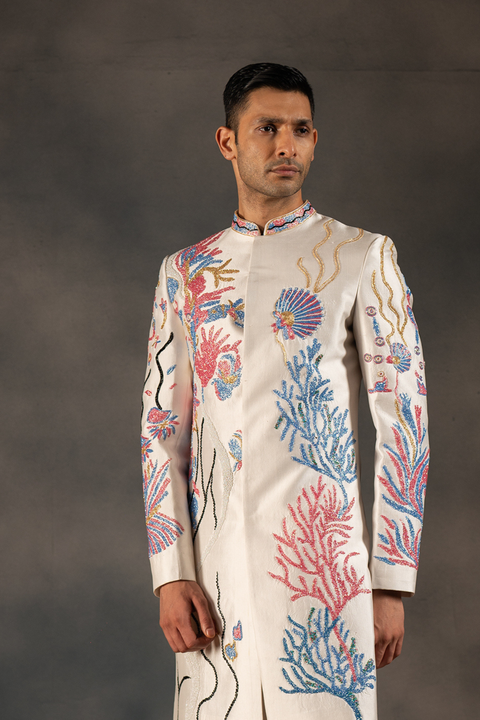 Aqua Marine — Off White Hand Embroidered Dupion Silk Sherwani