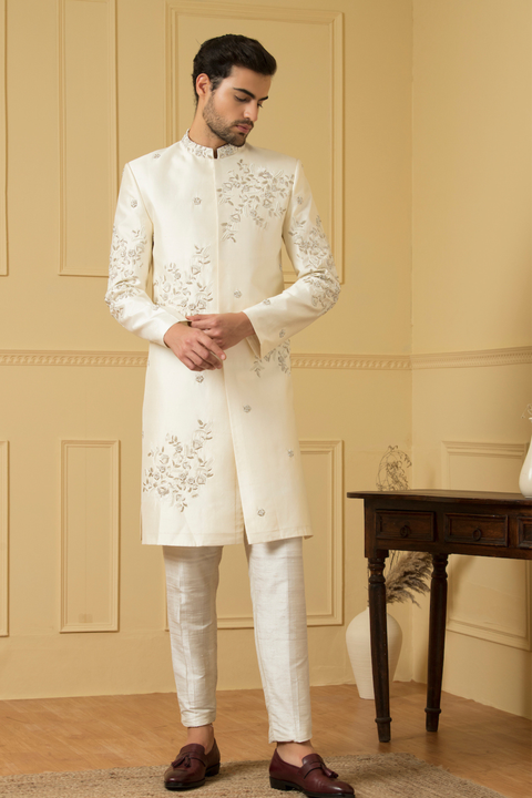 Crema — Cream Hand Embroidered Dupion Silk Sherwani