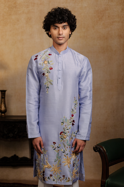 Botanical Bloom — Lavender Floral Embroidered Falling Raw Silk Kurta