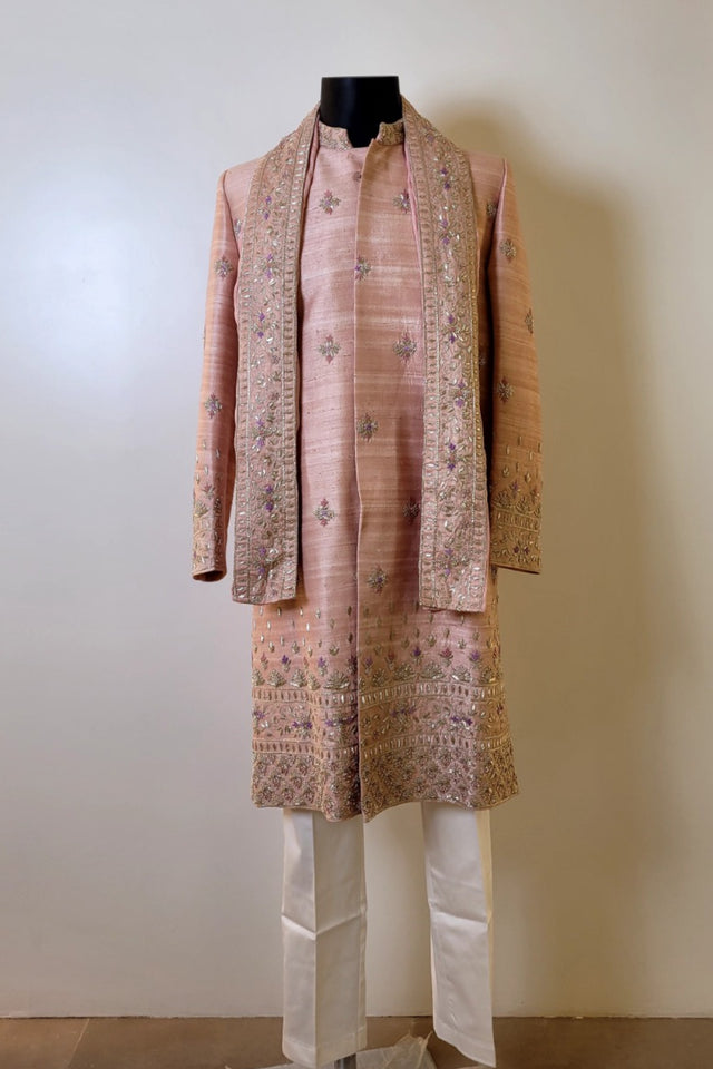 Peach Elegance — Peach Hand Embroidered Dupion Silk Sherwani