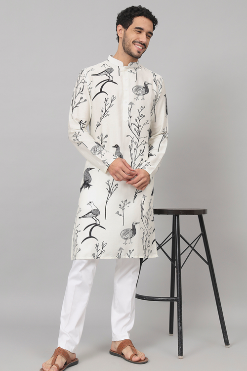 Feathered — White Feather Print Cotton Kurta
