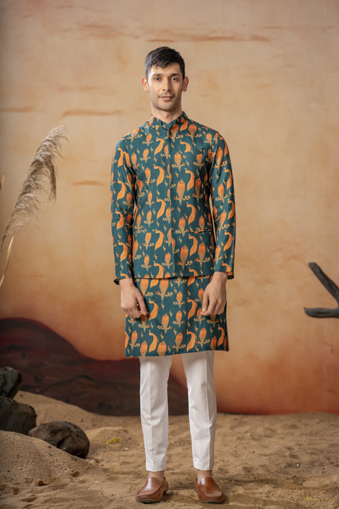 Tealock — Green Nature Printed Cotton Satin Nehru Jacket Set