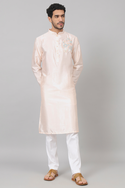 Taozi — Peach Embroidered Semi Raw Silk Kurta