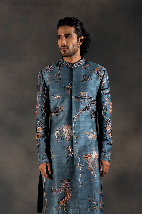 Oceanic Depths — Blue Hand Embroidered Raw Silk Sherwani