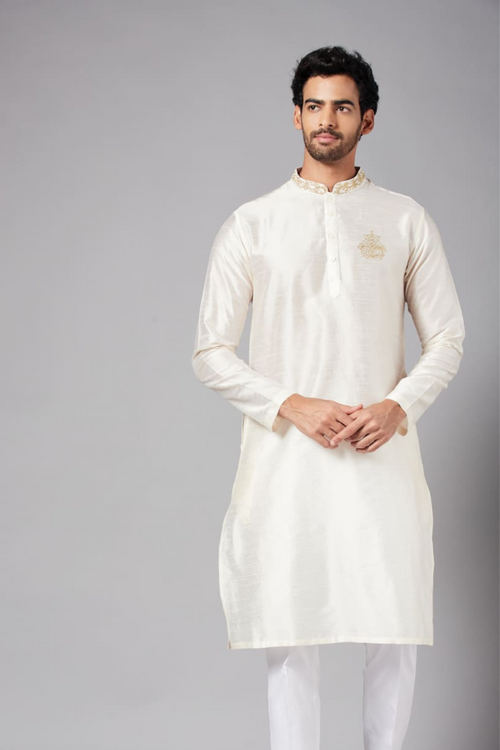 Ecru — White Embroidered Falling Raw Silk Kurta