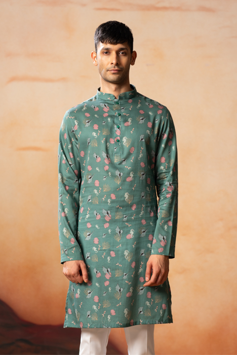 Green Floral — Green Floral Print Cotton Kurta