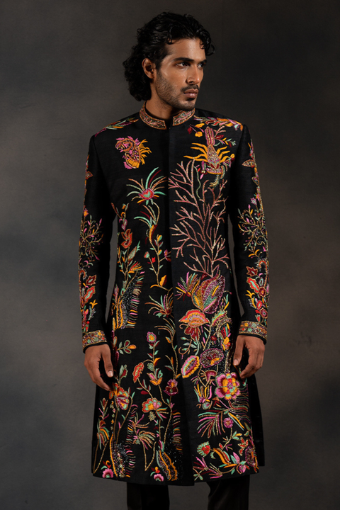Black Tides — Black Hand Embroidered Raw Silk Sherwani