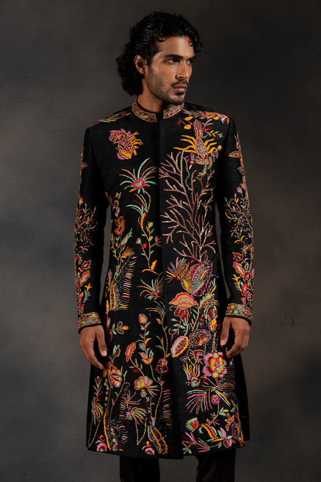 Black Tides — Black Hand Embroidered Raw Silk Sherwani